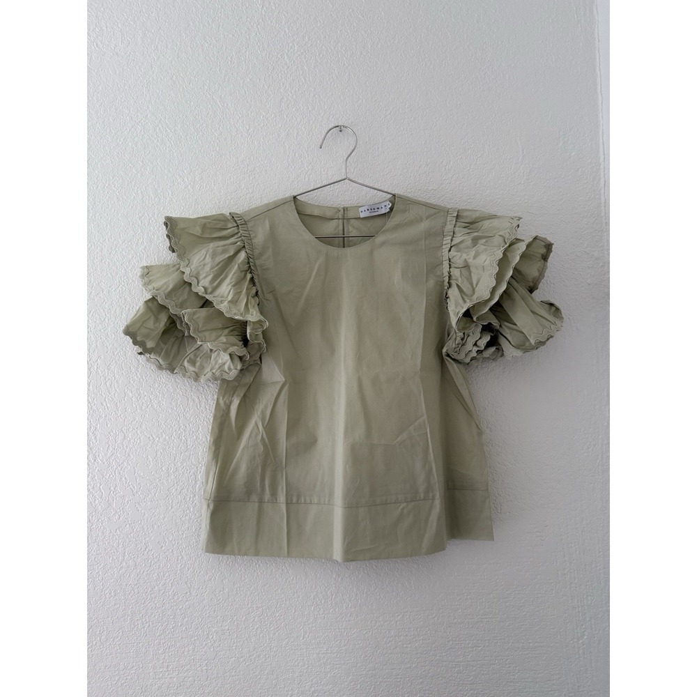 Harshman Mint Juliette Ruffled Cotton Blouse Crewneck Short Sleeve Size XS - Picture 4 of 14